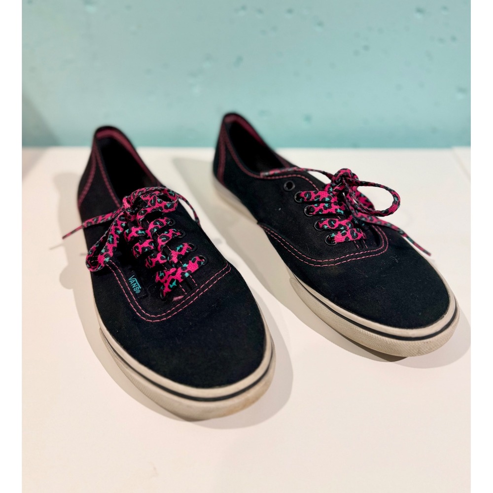 Vans Authentic Lo Pro Black Pink Contrast Stitch Leopard Lace Sneakers Womens 8